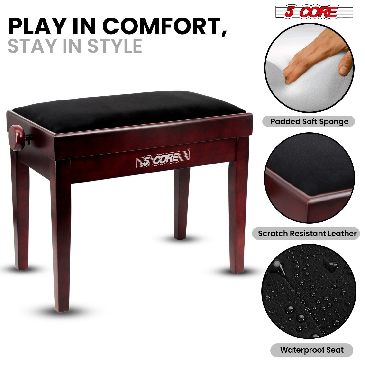 Adjustable Piano Bench Thick 3.25" Solid Wood Keyboard Stool Heavy Duty Musician Chair