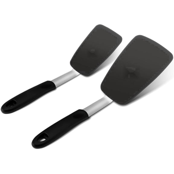PLERISE Silicone Spatula Turner, 2-Pack Heat Resistant Kitchen Utensil up to 600°F, Black, for Flipping and Cooking