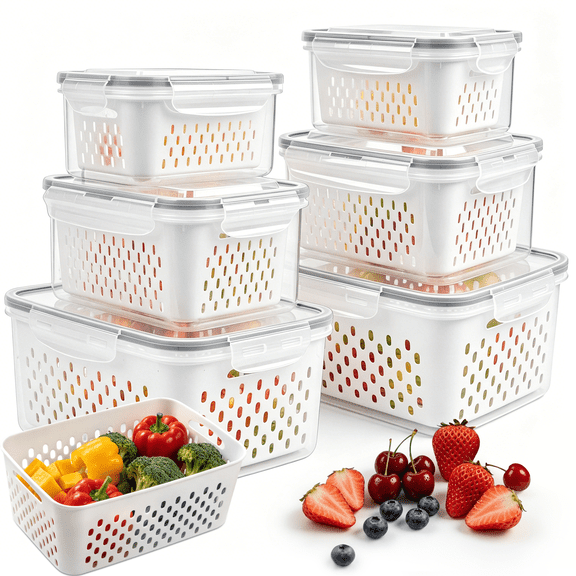 BUSATIA Fruit Containers for Fridge,3Pcs Food Storage Containers with Lids,Removable Colander Basket,Fridge Storage Containers for Rinsing and Draining, Keep Produce Fresh Longer