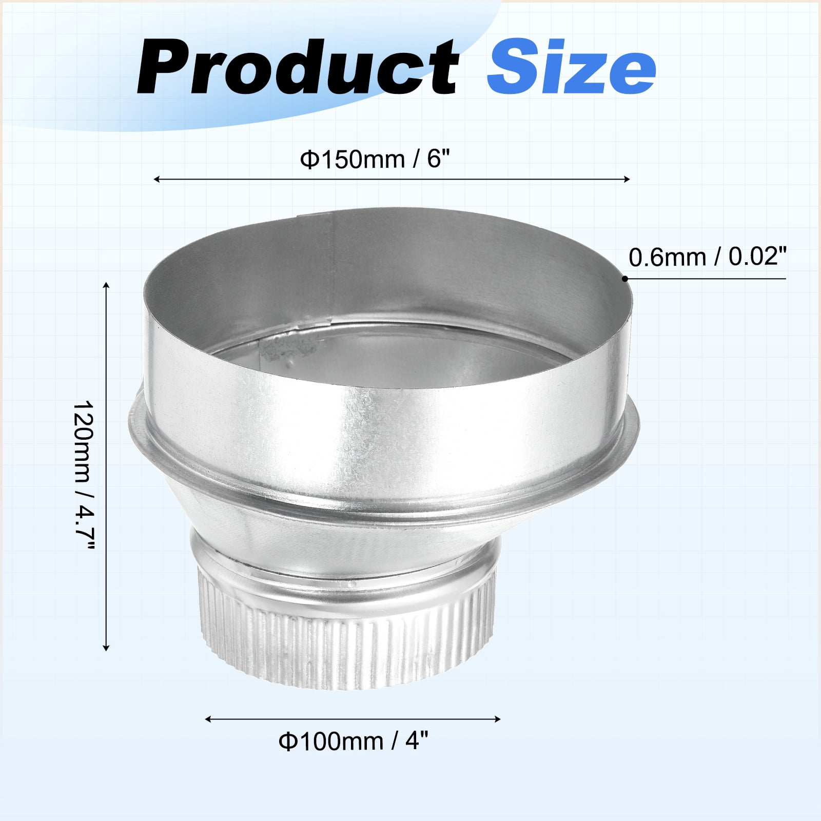 Uxcell Eccentric Duct Reducer (6" to 4" ) - Galvanized Steel Crimped End Ducting Connector Increaser Round Air Duct Adapter Pipe Vent Inline Fitting for HVAC Ventilation System, Silver