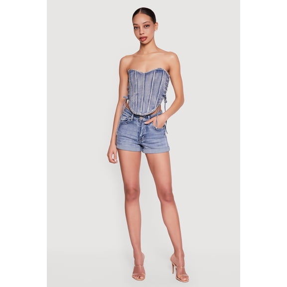 Women's Rhinestone Denim Lace Up Side Cropped Corset Top