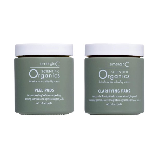 emerginC Scientific Organics At-Home Facial Peel + Kit aclarador - Almohadillas exfoliantes faciales para ayudar a minimizar la apariencia de líneas finas, arrugas + poros dilatados (60 tratamientos)