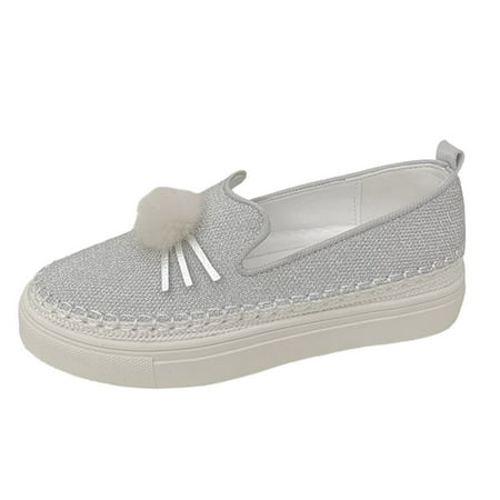 Sexlip Women s Flat Heel Crystal Rhinestone Glitter Slip-On Platform Loafers Casual Round Toe Shoes White 42