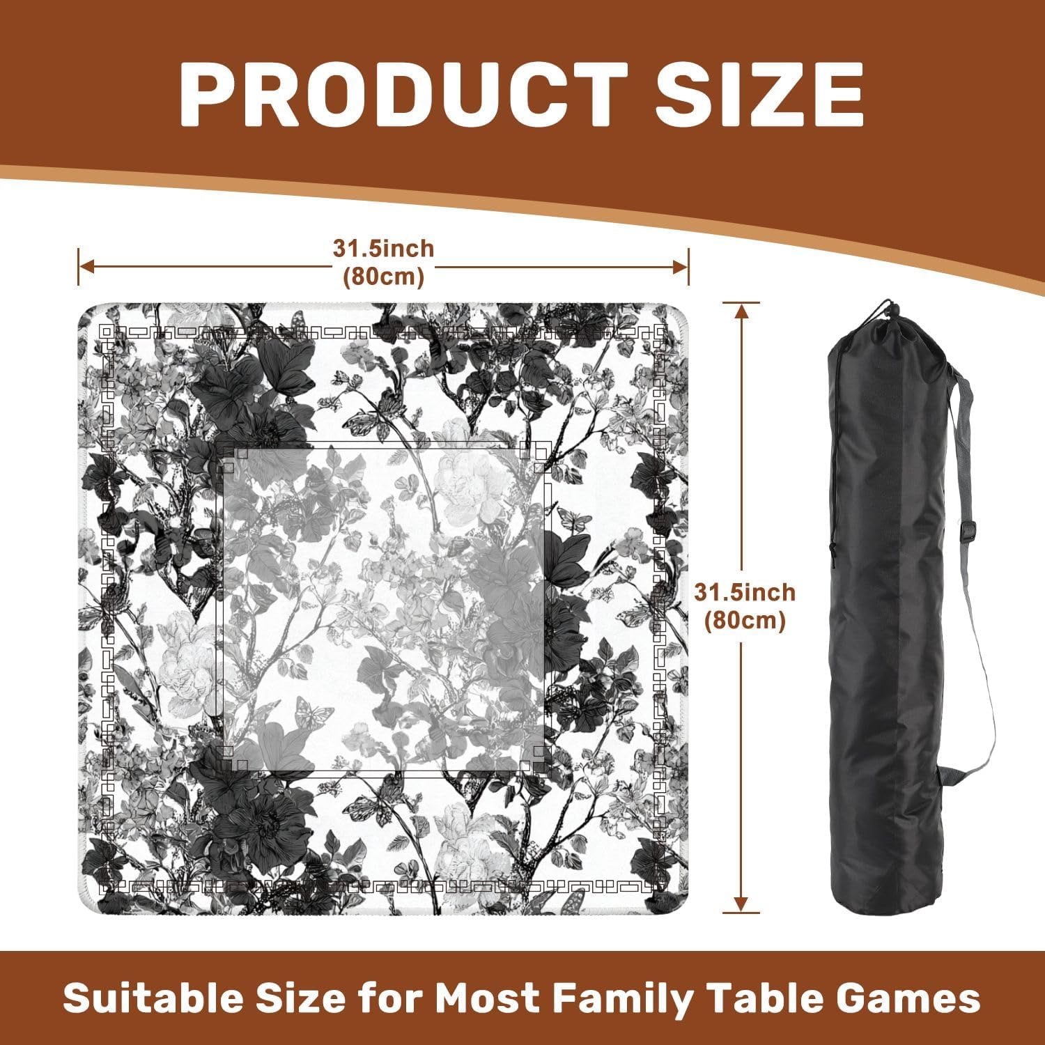 Mahjong Mat 31.5" x 31.5" Chinoiserie Inspired Vintage Floral Black White Oriental Eastern Asian Non-Slip Noise Reduction Mahjong Tiles Table Cover for Dominoes Poker Card Board and Tile Games Gift