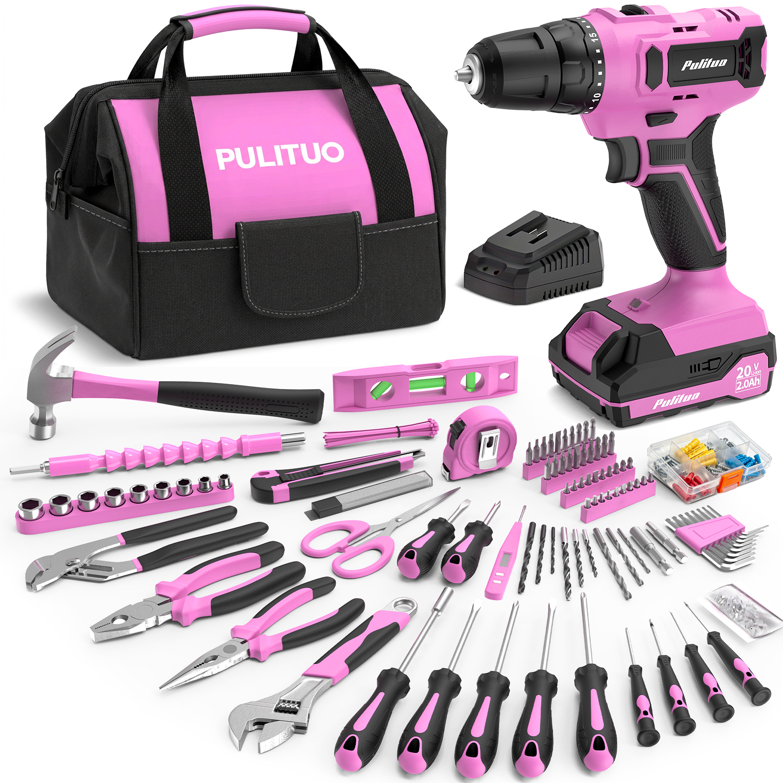 Pulituo 20V Pink Cordless Drill Kit, 238-Piece Tool Set