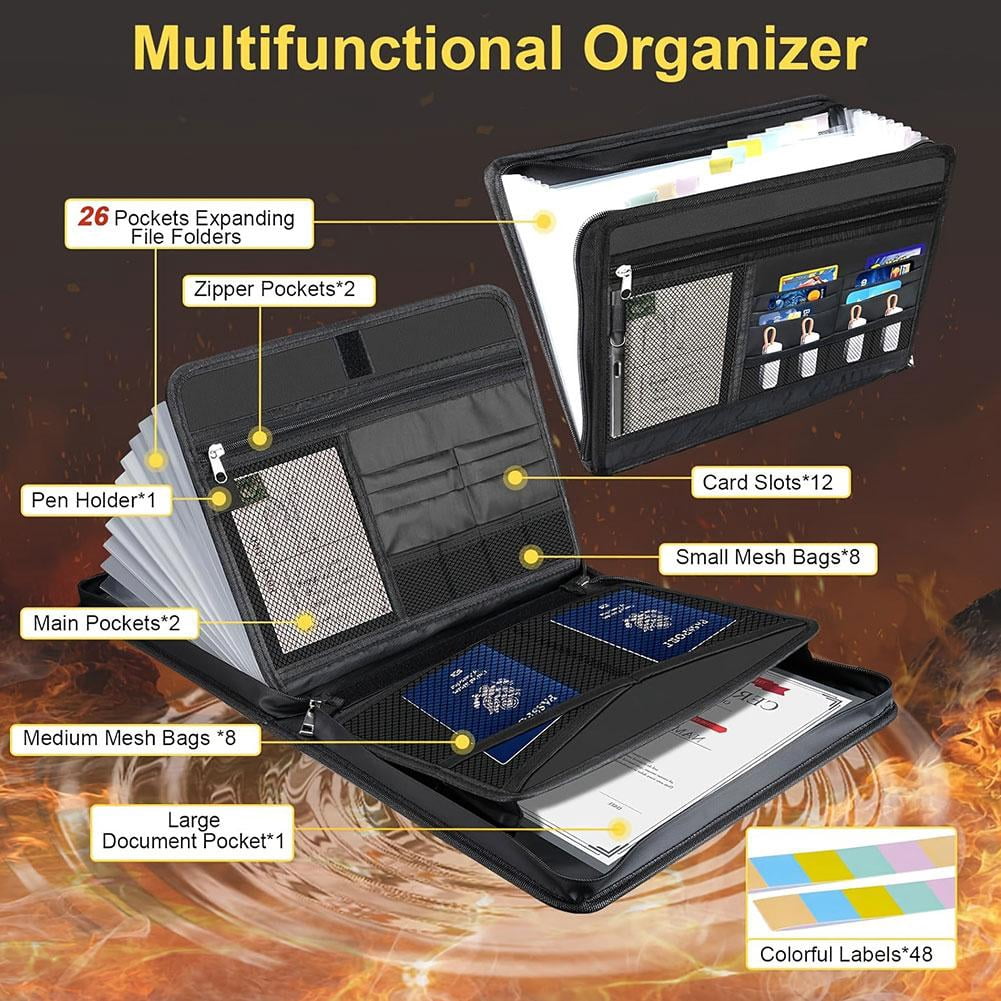 File Folder, Large Capacity A4 Fireproof File Folder with Handle, Expanding Files Organizer with 26 Pockets, Fireproof and Waterproof with Colored Tabs, Accordion Folders Documents