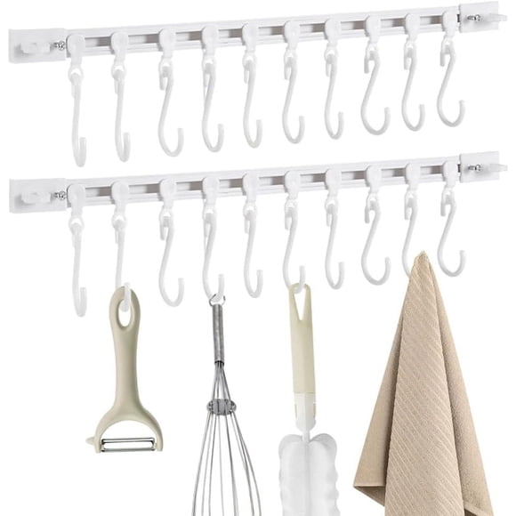 Tingzi Crochet Multifonctionnel pour Rail Coulissant, Support Mural pour Ustensiles de Cuisine, Porte-Ustensiles Gain de Place avec 10 Crochets, Crochet Coulissant Sans Perçage pour Maison Bureau