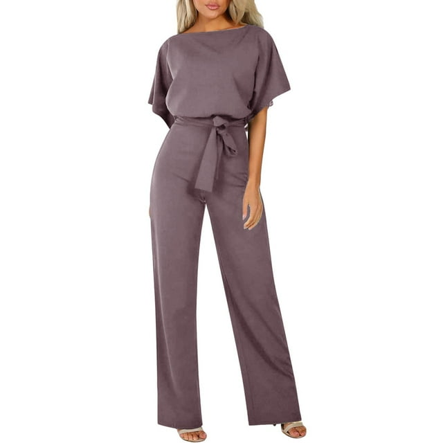Kcodviy Women's Solid Color Lace Sunflower Jumpsuits for Women Up Button Short Sleeved athletic Jumpsuit