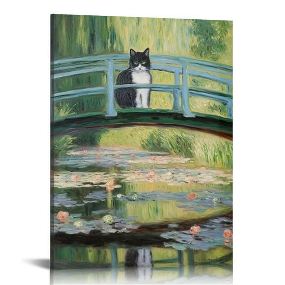 COMIO  Vintage Monet Cat Poster Funny Black Cat Bridge of Waterlilies Canvas Wall Art Famous Monet Black Cat Poster Gallery Aesthetic Room Decor for Bedroom Bathroom