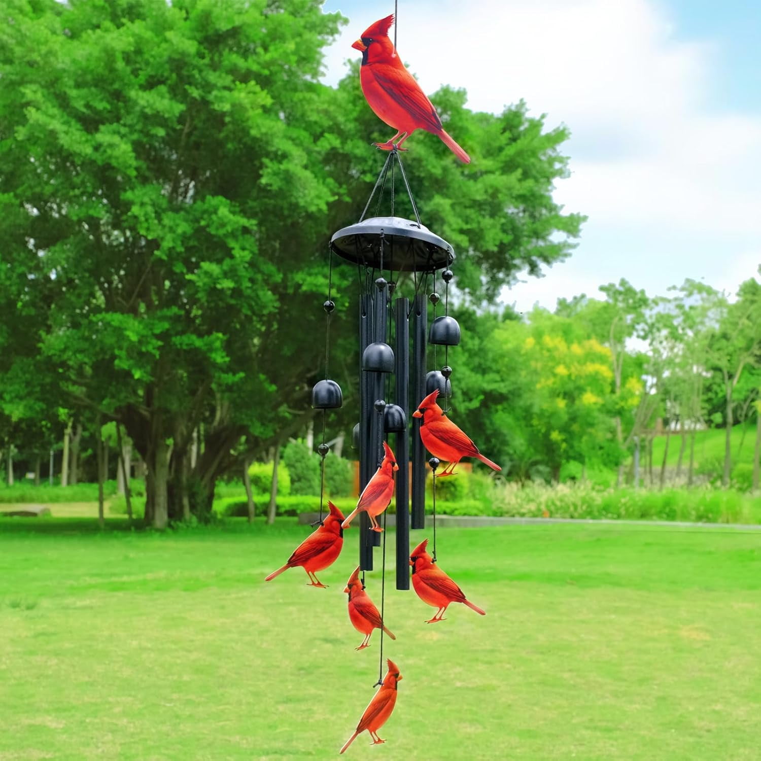 Cardinal Wind Chime for Outside 35.4", Black Metal Outdoor Windchime, Yard Decor Memorial Sympathy Gifts