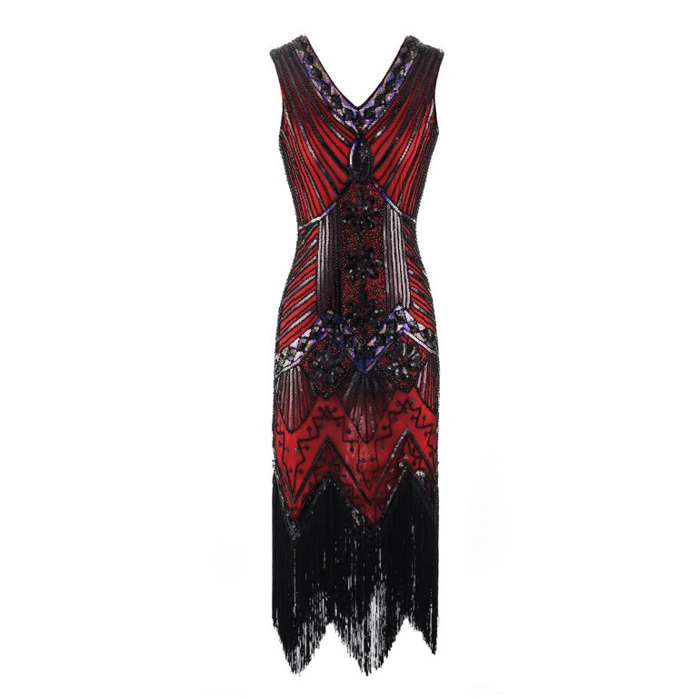 open lace back dress 80s Red Silk Beaded Felt Dress - Womens Small Medium