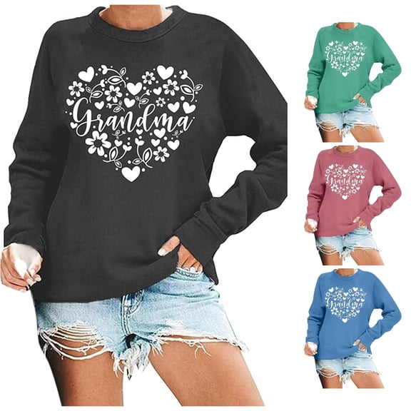 Trendfront Womens Grandma Graphic Sweatshirt Long Sleeve Crewneck Floral Heart Print Casual Loose Fit Pullover Top
