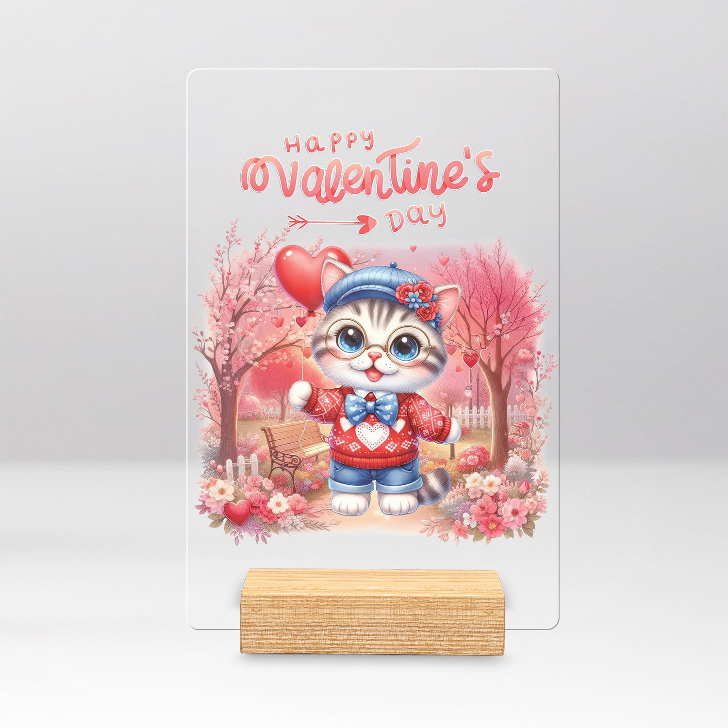 Happy Valentine’s Day Adorable American Shorthair Kitten Holding Heart Balloon Acrylic Plaque Sign Ashwood Base Cat Lover Kitten Owner Gifts Home Desk Decor - 00030