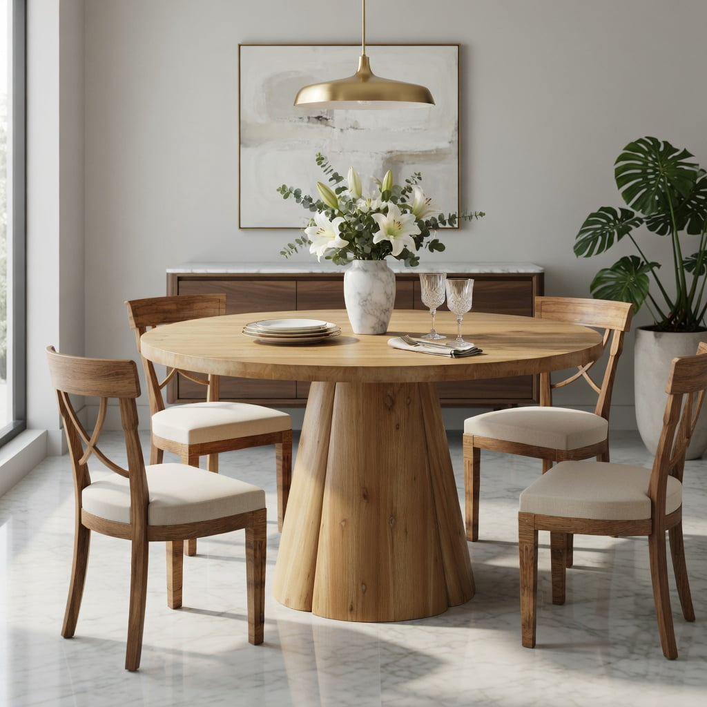 Hommoo 47.24" Solid Wood Round Dining Table, Farmhouse Pedestal Kitchen Table for 4 to 6 People, Natural