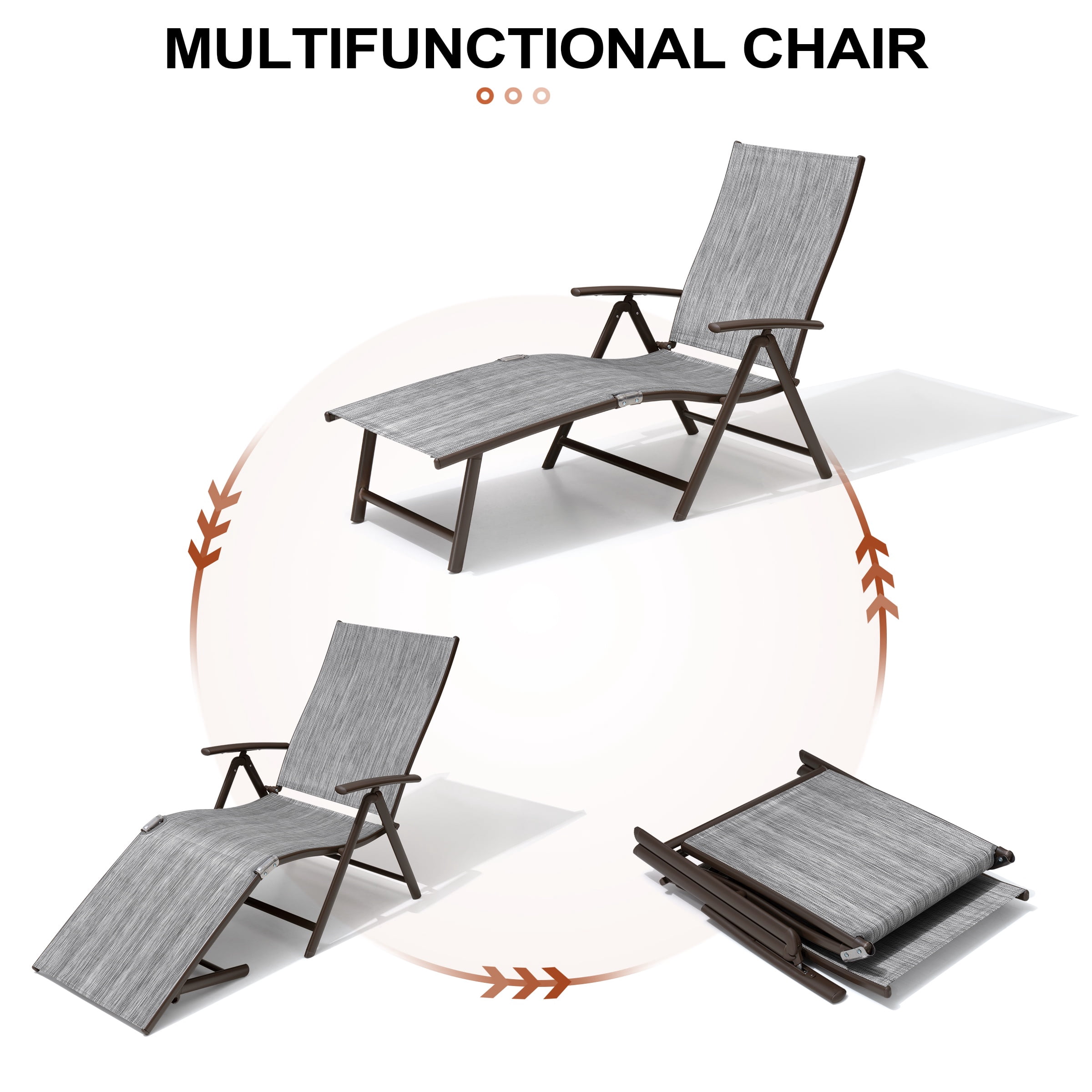Crestlive Products 2-Pack Outdoor Folding Chaise Lounge Chairs, Adjustable Patio Reclining Chairs with Aluminum Frame, No Assembly Portable Pool Lounge Chairs, Black&Gray