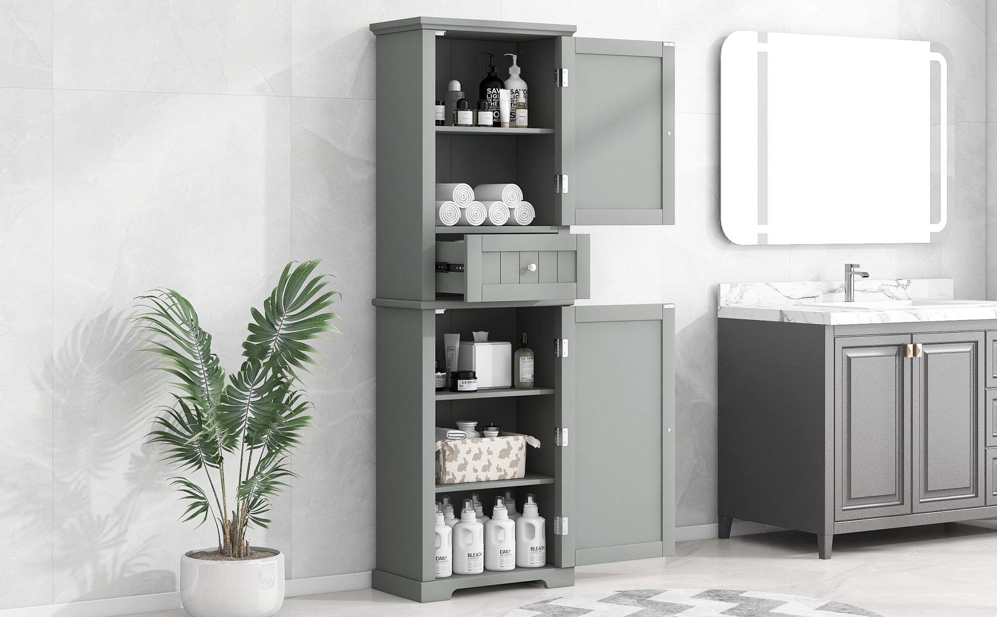 Euroco Tall Bathroom Storage Cabinet, Freestanding Storage Cabinet with Drawer and Adjustable Shelf, MDF Board with Painted Finish, Grey