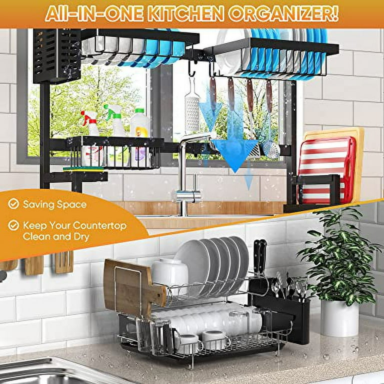 PUSDON Over Sink Dish Drying Rack 26 38 Adjustable Large Dish Drainer for Storage Kitchen Counter Organization 2 Tier Stainless Steel Over Sink