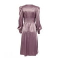 thumbnail image 5 of IROINNID Reduced Semi Formal Dress for Women Long Sleeve Empire Dress Solid Color Satin Soft Waist And Dress Satin V-Neck Slim Button Lantern Sleeve Dress,Purple, 5 of 6