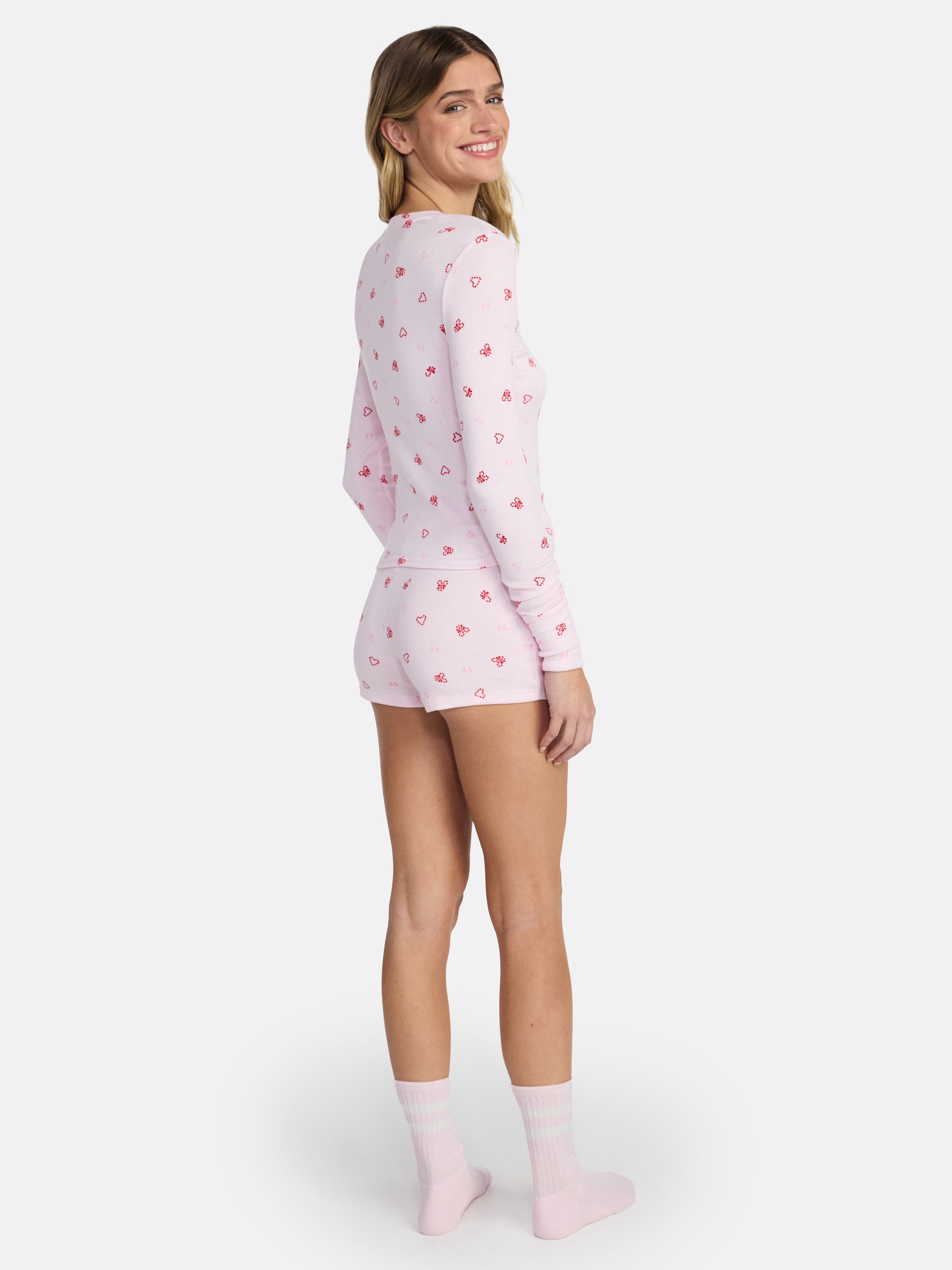 No Boundaries Giftable Henley Sleep Top and Shorts with Socks Set, 3-Piece, Women's XXS-3X