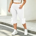 thumbnail image 4 of Womens Plus Size Stretchy Leggings Elastic Waist Butt Lifting Side Slit Bow Tie Hem Capri Pants Casual Workout Yoga Pants White, 4 of 9