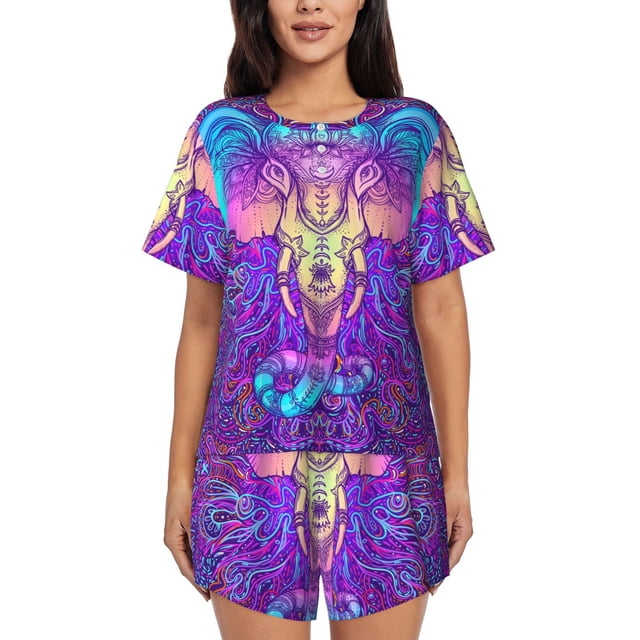 Fotbe Elephant in Tribal Style Conjunto de Pijama Estampado para Mujer, 2 Piezas, Ropa de Dormir con Camiseta de Manga Corta y Shorts Suaves-Small