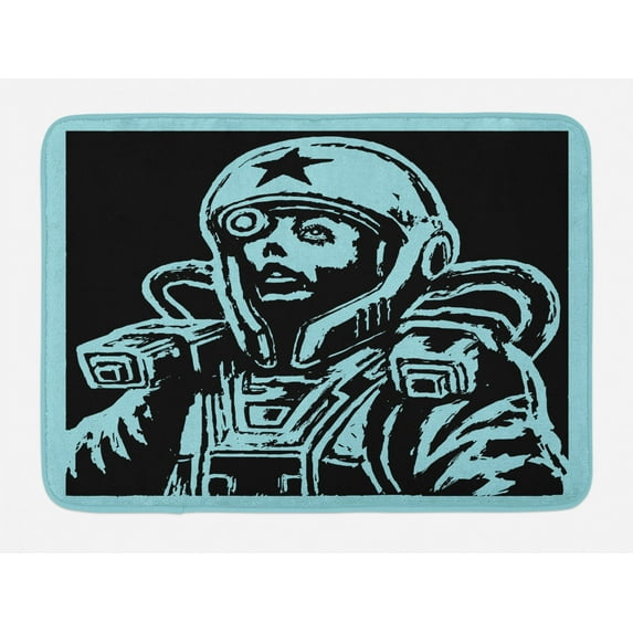 Astronaut Bath Mat, Female Astronaut Space Woman Science Fiction Theme Hand Made Drawing Space Galaxy, Non-Slip Plush Mat Bathroom Kitchen Laundry Room Decor, 29.5 X 17.5 Inches, Teal Black, Ambesonne