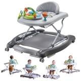 KFFKFF Baby Walker 4 in 1, Foldable Height Adjustable Baby Walker with Wheels, Infant Toddler Walker with Foot Pads, Anti-Fall Baby Walker With Music & Toys Tray for Boys and Girls 6-24 Months