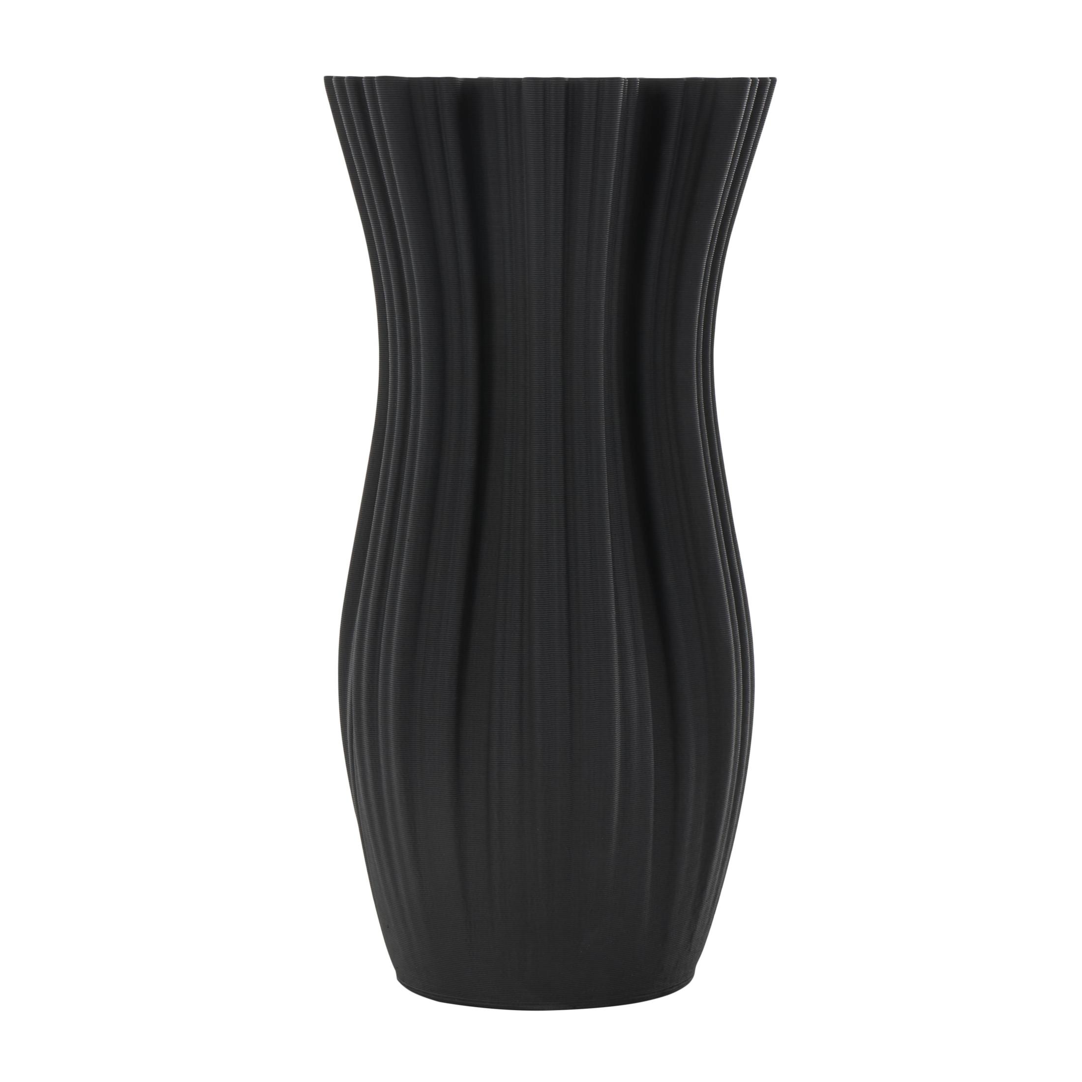 DecMode 14" Abstract Ribbed Tulip Inspired Black Ceramic Vase with Floral Shaped Rim