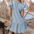 thumbnail image 3 of Yindaity Womens 2024 Summer V-Neck Drawstring Ruffle Cap Short Sleeve Side Pockets Mini Dress Sundress Sky Blue,S, 3 of 4