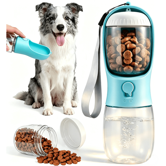 Dog Water Bottle with Food Container, Travel Puppy Water Bowl, Dog Water Bottle Portable for Pets Outdoor Walking and Hiking, Puppy Essentials, Dog Gift, Blue