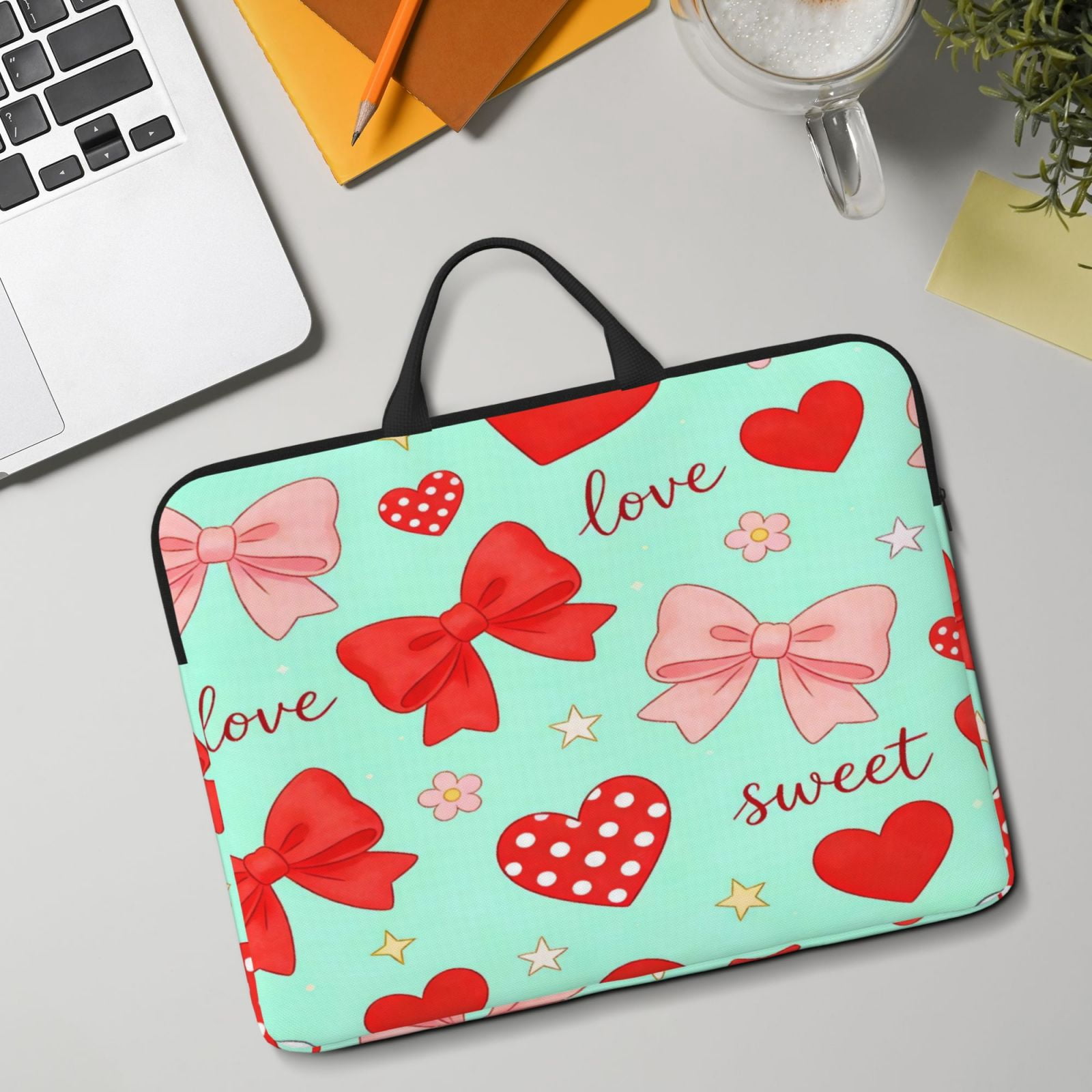 Laptop Sleeve Bag For Women Men 14inch Waterproof Durable Protective Computer Carrying Cover Handle Laptop Case Bag Sweet Love Bow Heart Green