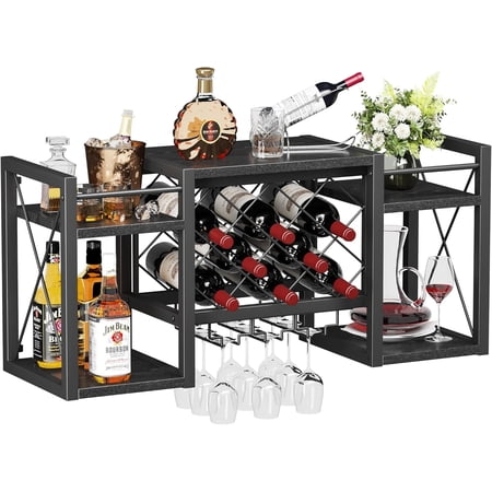 Wall Mounted Wine Rack with Glass Holder Wood-Metal Retro Bar Shelf Wine Bottles Display Wall Storage for Kitchen Dining Room Home Bar(Black)