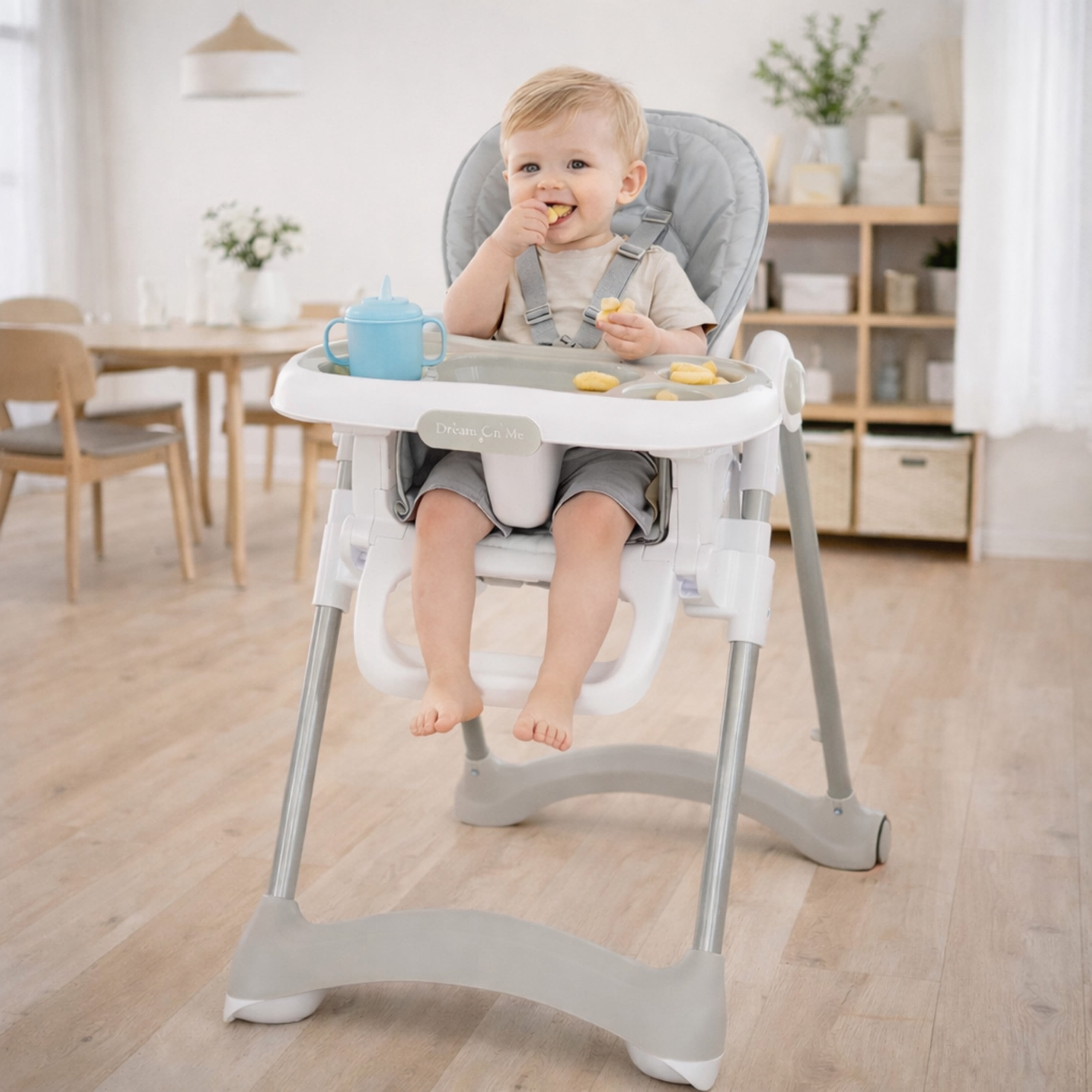 Dream On Me Solid Times High chair, Compact & Sleek High Chair, Multiple Recline and Height Positions, Lightweight Portable Highchair, In Gray