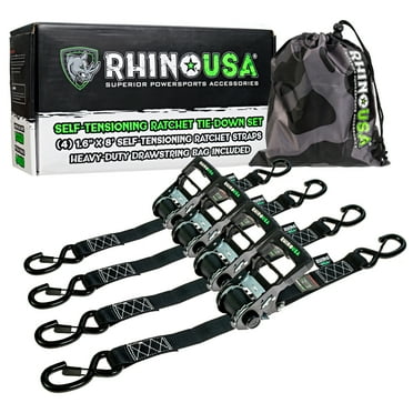 Rhino USA Self Tensioning Ratchet Tie Down Straps (4PK 1.6INX8FT)- Heavy Duty Patented Cargo Strap Keeps Tension When Your Load Shifts - Used for Motorcycle, ATV, UTV, Truck, General Cargo & More