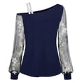 thumbnail image 4 of felwors Women's Floral Embroidery Mesh T Shirt Cold Shoulder Long Sleeve Asymmetrical Neck Tee Tops (Navy, L), 4 of 8