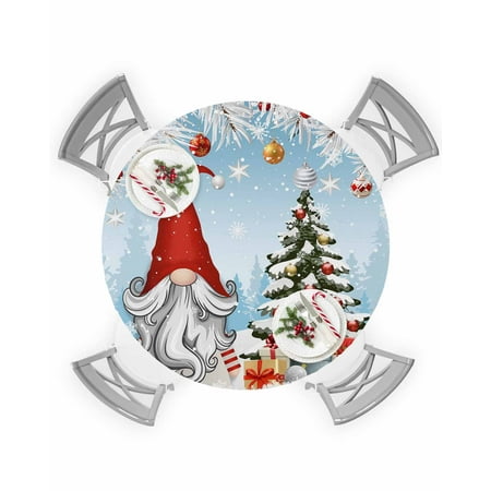 

Round Tablecloth with Elastic Christmas Gnome Winter Xmas Tree Pine Leaves Snowflake BLue Waterproof Table Cover Wipeable Fitted Table Cloths for 45 -54 Round Tables Dining Kitchen