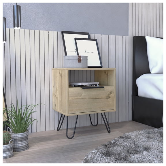Nightstand with Drawer, End Table Side Table - Light Oak, Hairpin Legs Beige Particle Board Particle Board