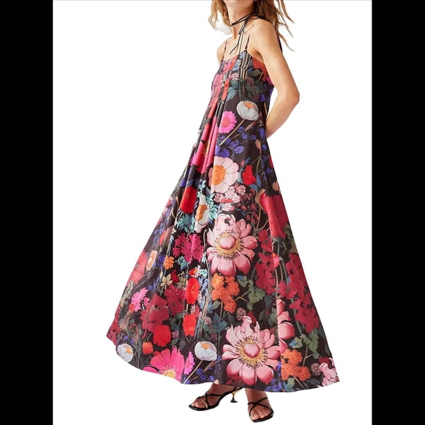 Vestido Maxi Floral para Mujer, Sin Mangas, Espalda Descubierta, Corte A, , Fluido, con Espalda Hueca y Tirantes Finos Rojo L