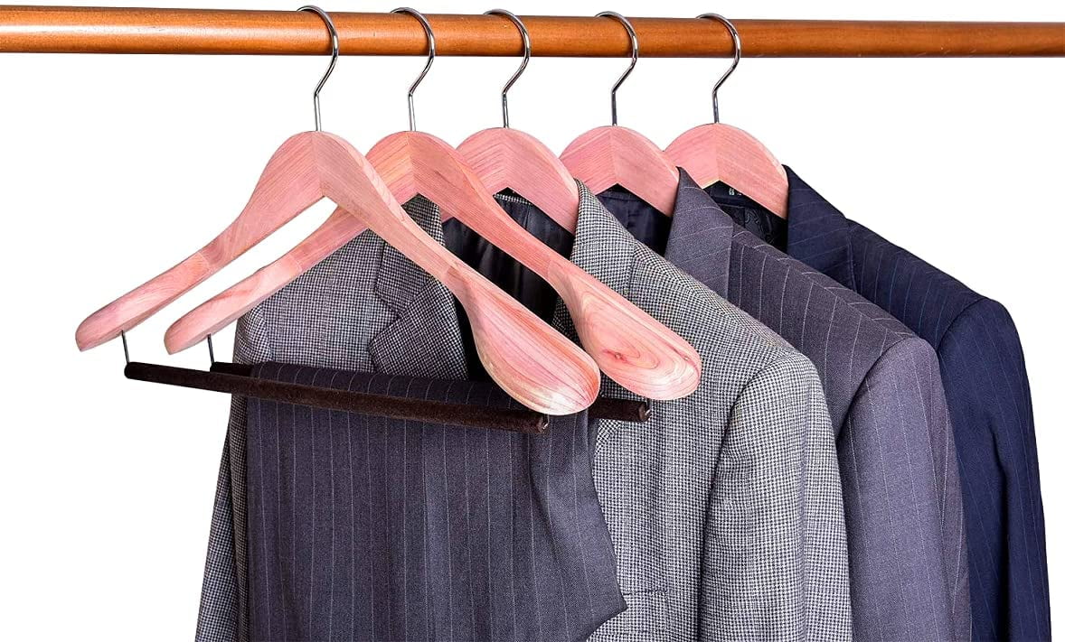 6 Extra Wide Shoulder Cedar Wood Clothes Hangers with Non Slip Velvet Pant Bar HUMIA American Cadar Wooden Suit Coat Hangers 6 Pack