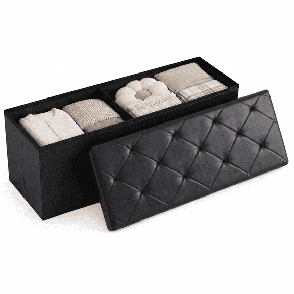 Gianna 43 Inches Folding Ottoman with Storage Bench, Foot Rest Stool, End of Bed Storage Bench Upholstered, Load 660 lbs, for Living Room, Synthetic Leather, Black