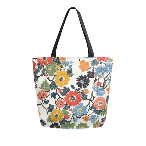 FORMRS Womens Canvas Tote Bag with Zipper Inner Pocket Shoulder Handbag, Black Flowers Pattern