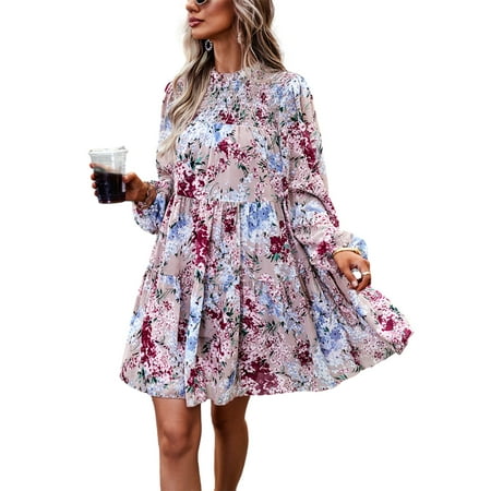 Valcatch Women s Casual Floral Dress Mock Neck Long Sleeve Flowy Boho Dresses