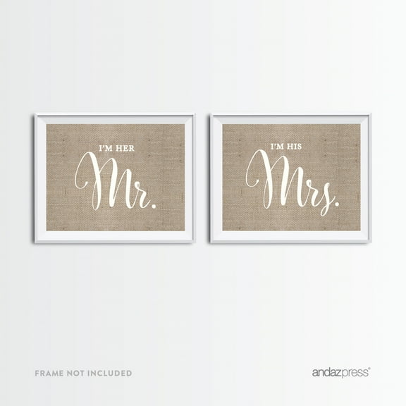 I'm Her Mr., I'm His Mrs. Tan Burlap Wedding Party Signs, 2-Pack