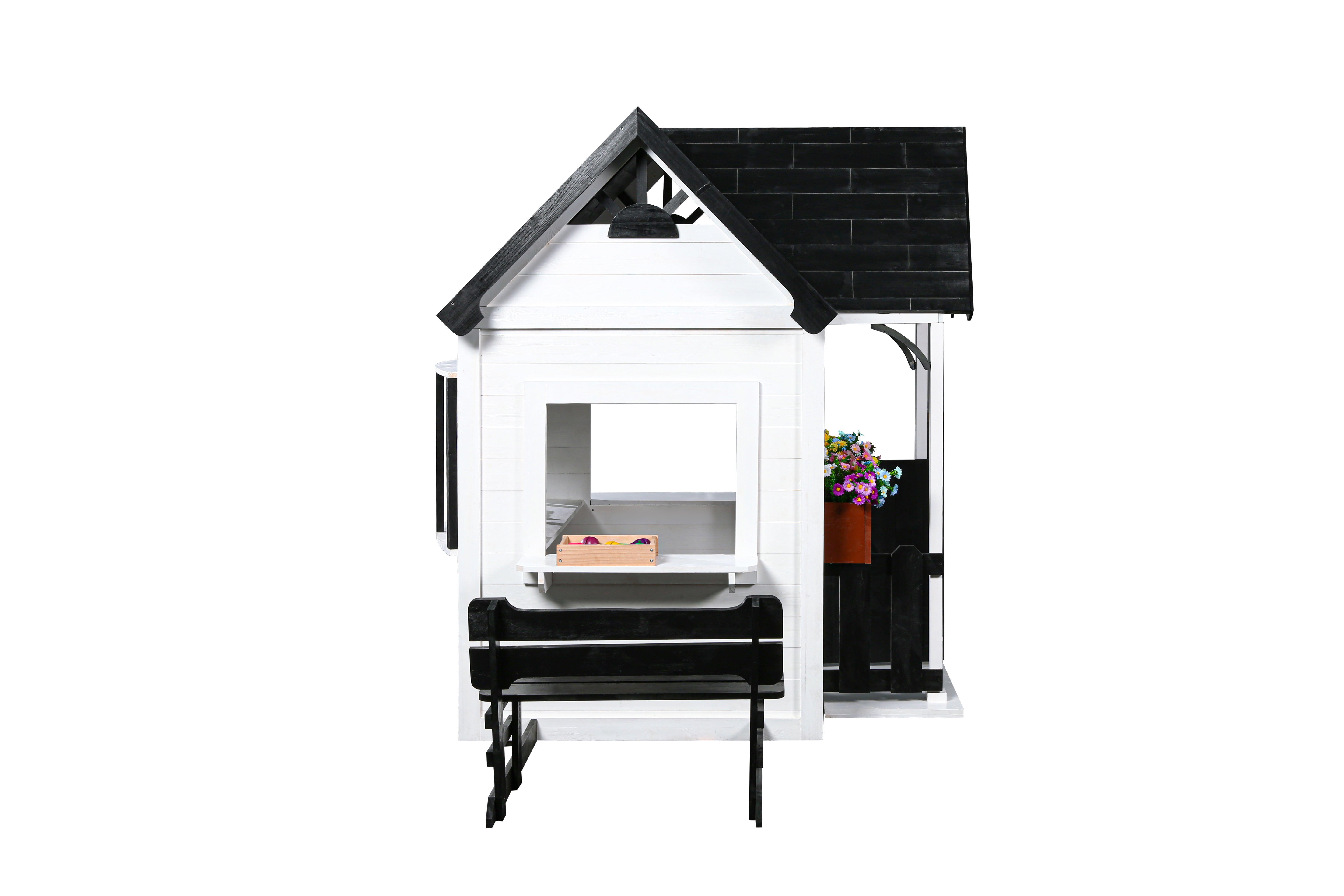 2MamaBees Oceano Playhouse | White & Black Farmhouse Design with Kitchen and Garden