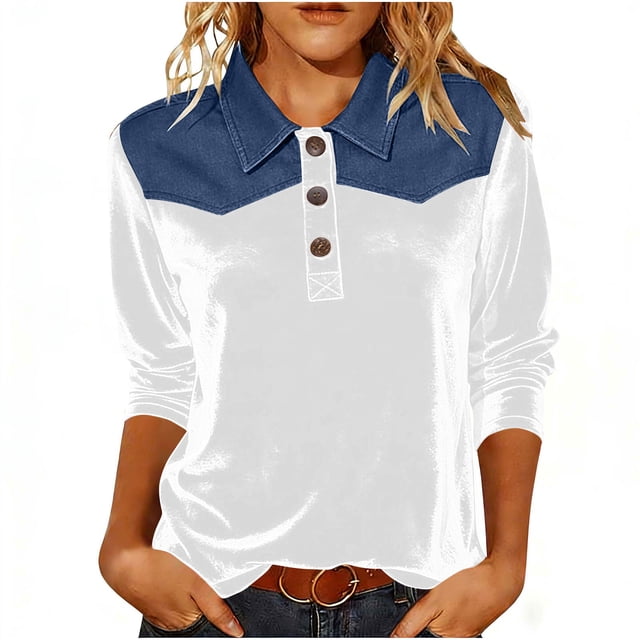 Camisetas de Manga Larga de Negocios Casual para las Mujeres Slim-Fitting Gold Velvet Denim Patchwork Pullover, Camisetas de Manga Larga de las Señoras para el Trabajo Diario de la Oficina