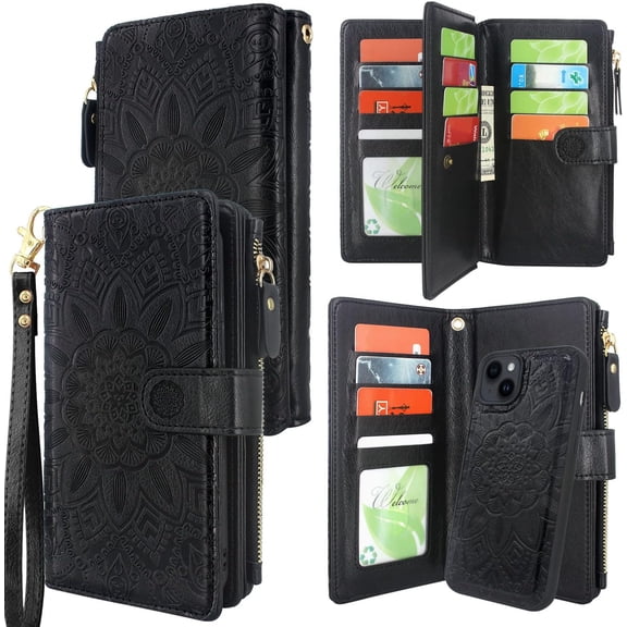 Compatible with iPhone 14 6.1 inch 5G 2022 Wallet Case Detachable Magnetic Cover Zipper Cash Pocket Multi Card Slots Holder Wrist Strap Lanyard (Floral Black)