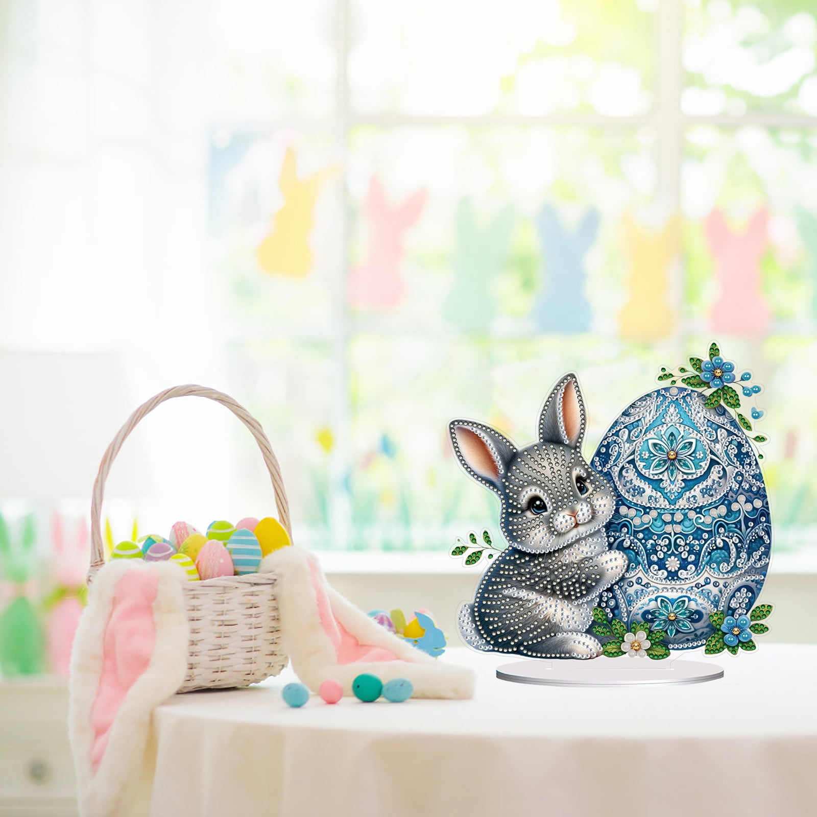 FLOPESN DIY Diamond Art Painting Easter Bunny Ornament Kits with Oval Base, Single-Sided Diamond Painting PET Craft for Home Decor