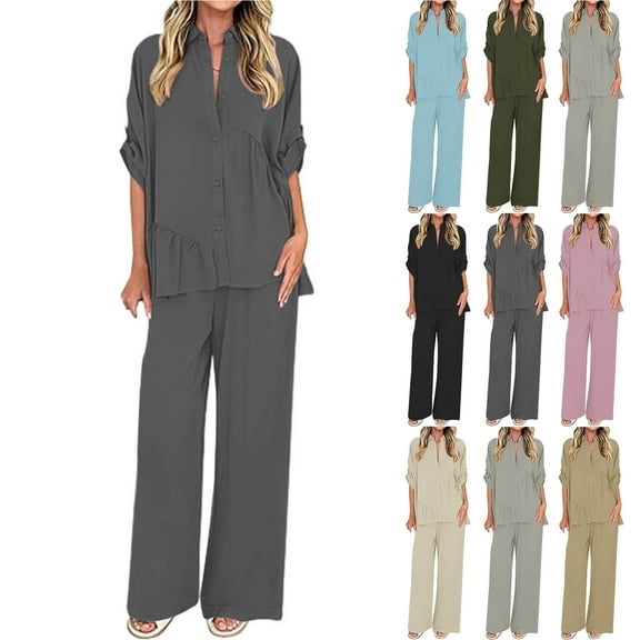 FRSASU Women's Casual Trouser Suits 3/4 Sleeve Turn Down Collar Button Pleated Top Loose Wide Leg Pants Solid Sets with Pocket Pink XL(XL)