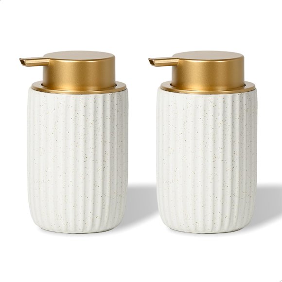 2 Pack Speckled Matte White Ceramic Foam Soap Dispenser, 10 oz Refillable Pump with Golden Top, Elegant Foaming Dispenser for Bathroom or Kitchen, Speckled White