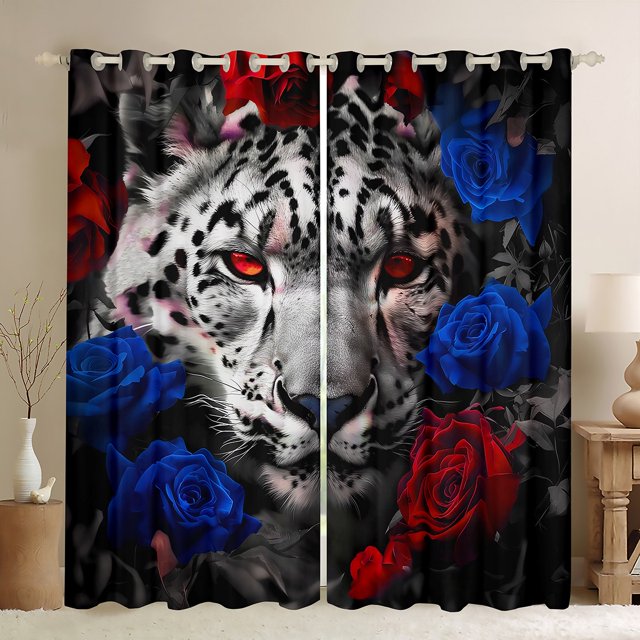 Rideaux Occultants Cheetah pour Chambre, Rideaux Imprimé Léopard Gris, Rideaux Roses Rouges et Bleues 2 Panneaux 52"L X 84"H, Fleurs Romantiques Animaux Africains Rideaux de Fenêtre